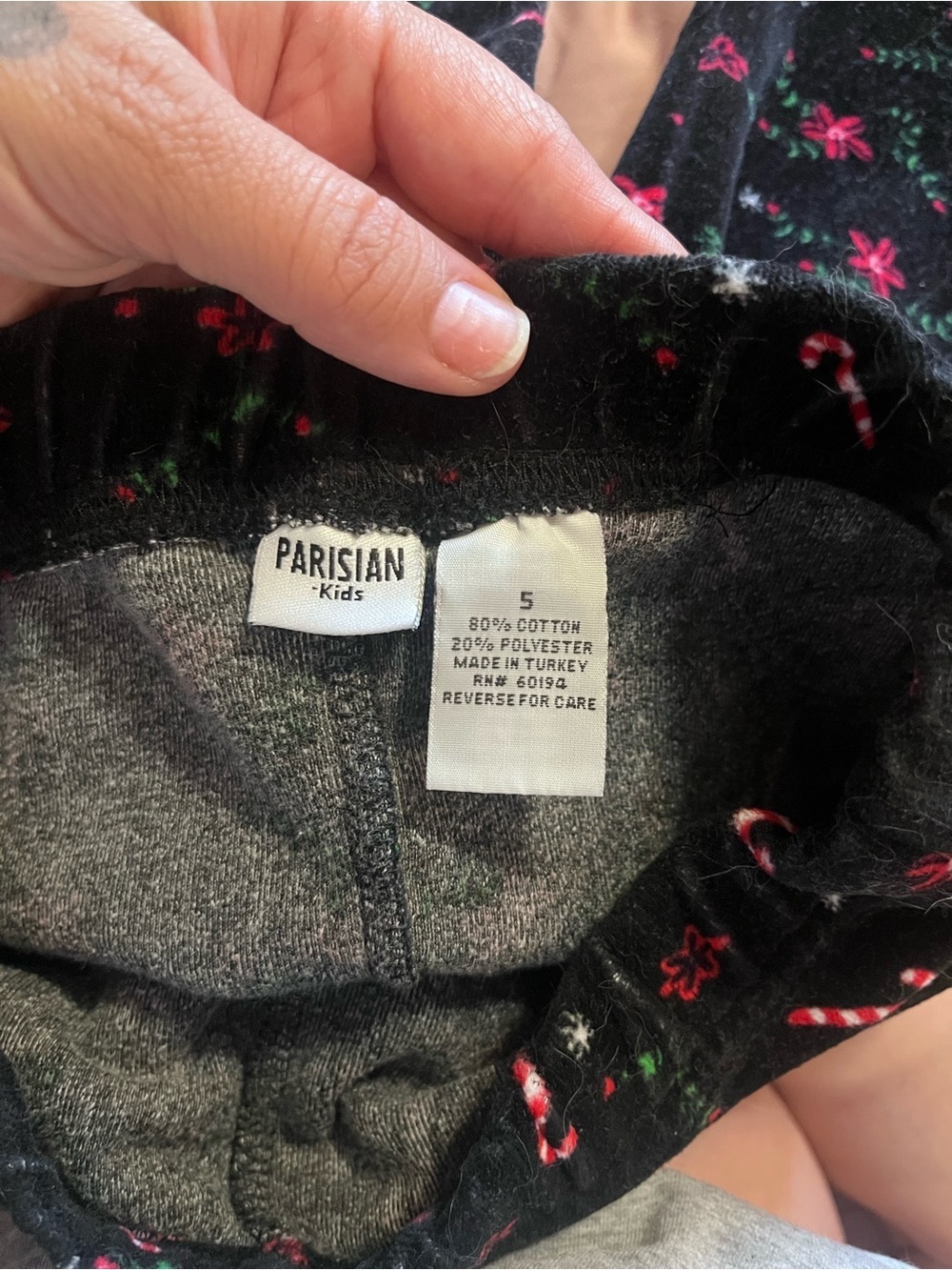 Vintage Parisian Kids Black Bottoms with Red Candy Cane & Green Holly Print - Picture 2 of 3
